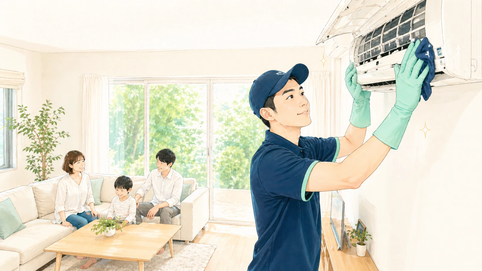 明るいリビングでエアコン清掃をするWASH CREWのスタッフ